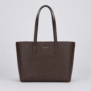 Brown Textured Leather Tote Bag with Gold Hardware