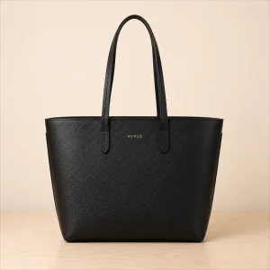 Black Textured Leather Tote Bag with Gold Hardware