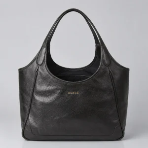 Black Leather Tote Bag with Curved Straps